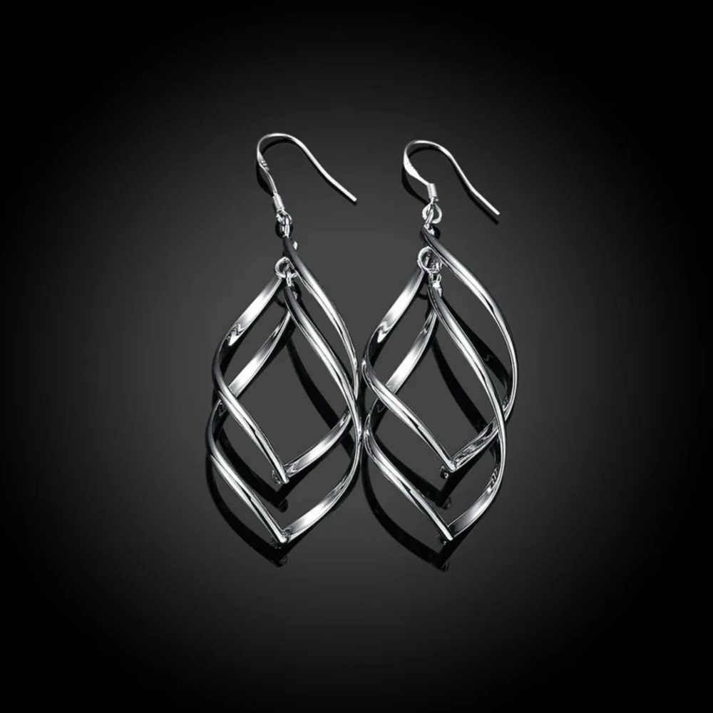 925 Sterling Silver Long Drop Hoop Earrings - Picture 4 of 5